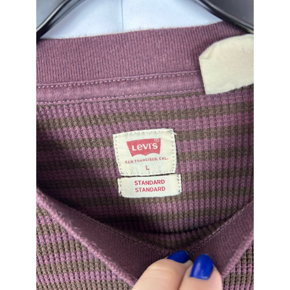 Levis Striped Thermal Long Sleeve Shirt Purple Brown Waffle Knit Large - Picture 3 of 7
